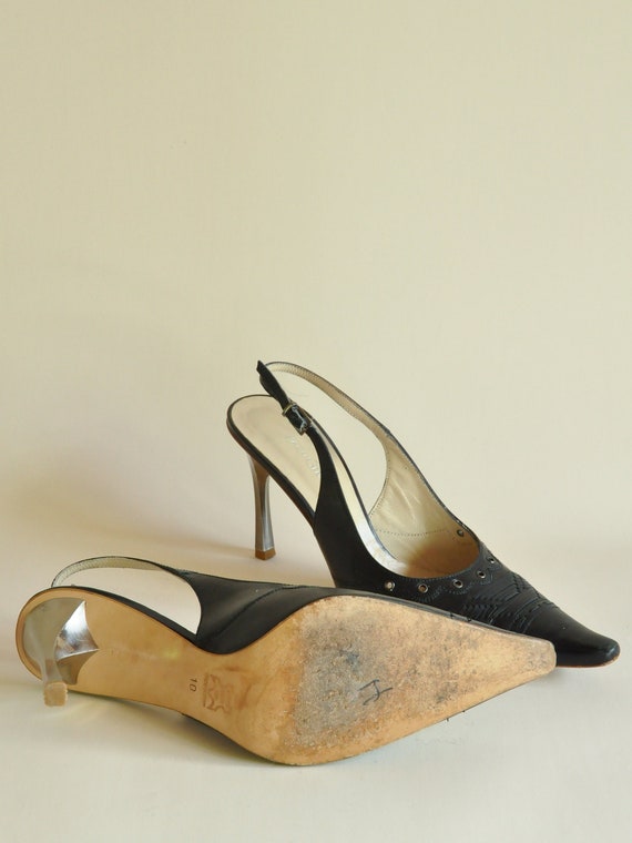 Woven and Grommet Accent Black Leather Slingbacks… - image 4