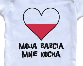 My Grandma Loves Me Polish Language Poland Flag Heart   Baby Bodysuit - Moja babcia mnie kocha - One Piece Baby Bodysuit