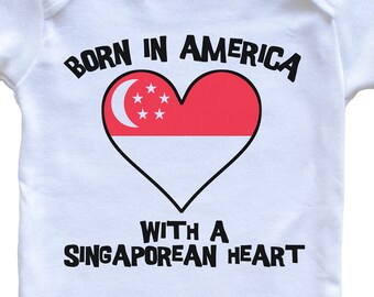 Born In America With A Singaporean Heart   Baby Bodysuit Singapore Flag Baby Bodysuit