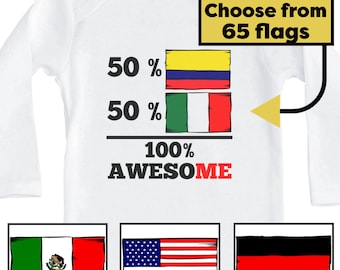 Custom 100% Awesome Flags Long Sleeve Baby Bodysuit - Personalized Flag Gift for Babies - Choose 2 Flags from 65 Options - Baby Shower Gift