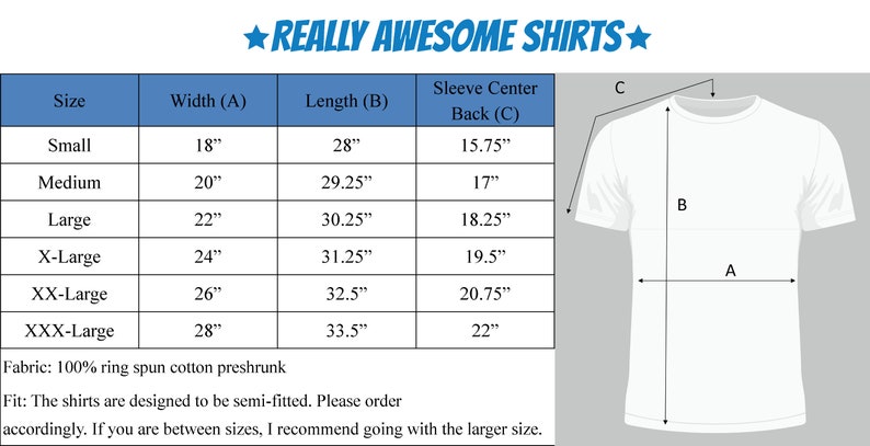 K&ouml;nnte beinhalten: Gr&ouml;&szlig;entabelle f&uuml;r T-Shirts mit Ma&szlig;en in Zoll f&uuml;r Breite, L&auml;nge und &Auml;rmelmitte hinten. Die Tabelle umfasst die Gr&ouml;&szlig;en von S bis XXXL. Der Stoff ist 100% ringgesponnene Baumwolle, vorgewaschen. Die Shirts sind f&uuml;r eine semi-enge Passform konzipiert. Wenn Sie zwischen zwei Gr&ouml;&szlig;en liegen, empfehlen wir Ihnen, die gr&ouml;&szlig;ere Gr&ouml;&szlig;e zu bestellen.