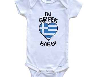 I'm Greek Baby! Funny Greece Flag Heart One Piece Baby Bodysuit - Short Sleeve or Long Sleeve