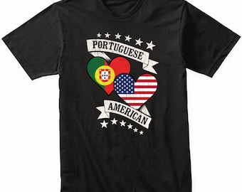 Portugalska amerykańska koszulka z serduszkami i flagami Portugalii USA - Pomysł na prezent na koszulkę z Portugalią - Koszulka z flagą Portugalii