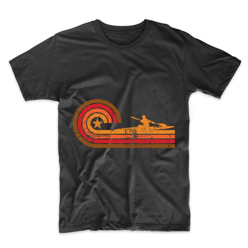 May include: A black t-shirt with a retro-style graphic of a person kayaking in a sunset-colored wave. The graphic features a star and stripes in red, orange, and yellow.