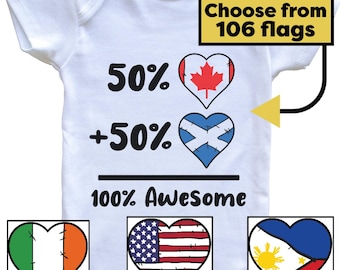 Custom 100% Awesome Flags Baby Bodysuit - Heart Flag Gift for Babies - Choose from 106 Countries and Nationalities - Baby Shower Gift