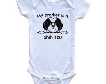 My Brother / Sister Is A Shih Tzu Cute Dog Breed Drawing One Piece Baby Bodysuit