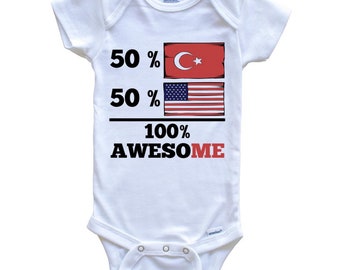 50 Percent Turkish 50 Percent American 100% Awesome Funny   Baby Bodysuit - Turkey Flag Baby Bodysuit Turkish American Bodysuit