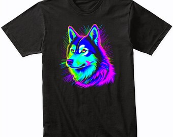 Siberian Husky Psychedelic Dog Art T-Shirt - Siberian Husky Owner Gift - Siberian Husky Shirt - Vibrant Colorful Bright Watercolor Rainbow