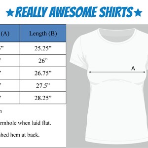 May include: Size chart for women's shirts with measurements in inches. The chart shows the size, alternate size, width, and length of the shirts. The fabric is 100% Airlume combed and ring spun cotton.