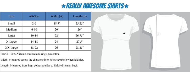 May include: Size chart for women's shirts with measurements in inches. The chart shows the size, alternate size, width, and length of the shirts. The fabric is 100% Airlume combed and ring spun cotton.