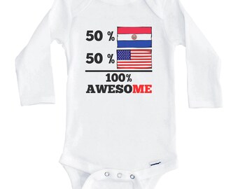 50 Percent Paraguayan 50 Percent American 100% Awesome Funny Paraguay Flag One Piece Baby Bodysuit (Long Sleeve)