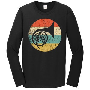 French Horn Long Sleeve T-Shirt - French Horn Musical Instrument Silhouette Retro French Horn Player Band Shirt