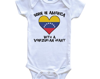 Born In America With A Venezuelan Heart   Baby Bodysuit Venezuela Flag Baby Bodysuit