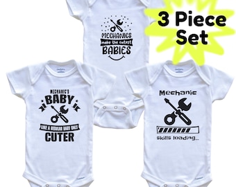 Mechanic Funny Cute Baby Bodysuit Bundle (3 Piece Set) - Baby Shower Gift Set