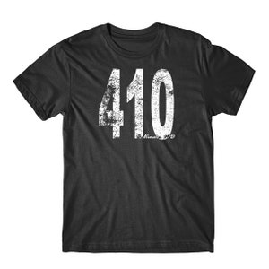 May include: Black t-shirt with a white distressed graphic of the number 410 and the text "Baltimore, MD".