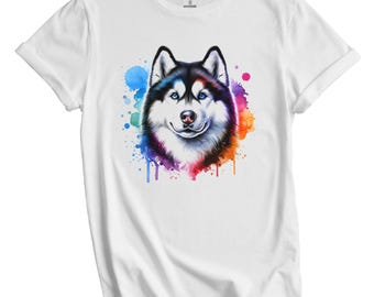 Siberian Husky Shirt - Siberian Husky Rainbow Watercolor Portrait Dog Lover T-Shirt - Husky Gift - Husky Mom, Husky Dad