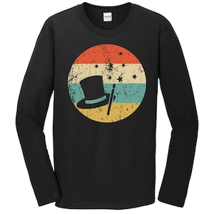 Magic Long Sleeve T-Shirt - Top Hat Magic Wand Icon Retro 1970&#39;s Style Magician Shirt