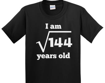 Kids 12th Birthday Shirt - Square Root of 144 12 Years Old Funny 12th Birthday Party T-Shirt - Math Shirt for Kids