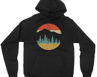 Camping Hoodie - Retro Mountains and Trees Hooded Sweatshirt - Outdoors Nature Lover Hoodie
