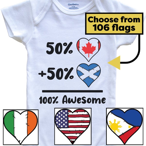 Custom 100% Awesome Flags Baby Bodysuit - Heart Flag Gift for Babies - Choose from 106 Countries and Nationalities - Baby Shower Gift