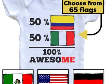 Custom 100% Awesome Flags Baby Bodysuit - Personalized Flag Gift for Babies - Choose 2 Flags from 65 Options - Cute Baby Shower Gift