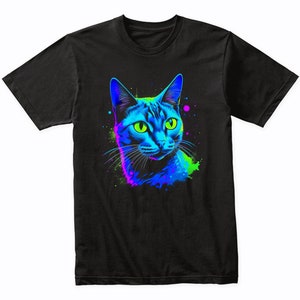 Russian Blue Cat Psychedelic Cat Art T-Shirt - Russian Blue Cat Owner Gift - Russian Blue Shirt - Vibrant Colorful Bright Watercolor Rainbow
