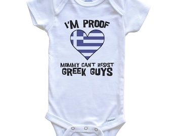 I&#39;m Proof Mommy Can&#39;t Resist Greek Guys Greece Flag Heart   Baby Bodysuit - Cute One Piece Baby Bodysuit