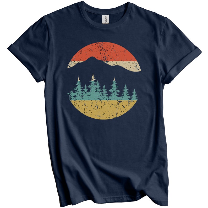 Camping Shirt Retro Mountains and Trees T-Shirt Outdoors Nature Lover Gift Navy Blue
