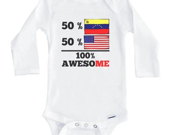 50 Percent Venezuelan 50 Percent American 100% Awesome Funny Venezuela Flag One Piece Baby Bodysuit (Long Sleeve)