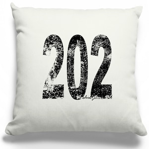 May include: White throw pillow with a black distressed graphic of the number 202 and the text "Washington, DC".
