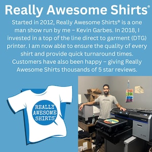 a man standing next to a t - shirt and a printer
