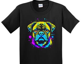 T-shirt d'art pour chien psychédélique carlin - cadeau pour propriétaire de carlin - chemise carlin pour enfants - arc-en-ciel aquarelle lumineux coloré vibrant (jeunesse / tout-petit)