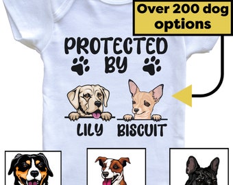 Protected By A Dog Funny Custom One Piece Baby Bodysuit - Personalized Dog Gift for Babies - Select A Dog Breed - Up to 2 Dogs
