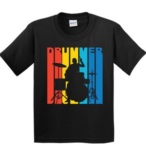 Kids Drums Shirt - Retro Drummer Silhouette Youth T-Shirt - Drums Gift for Boys