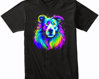 Camiseta con diseño psicodélico de perro Collie - Regalo para dueños de Collie - Camiseta Collie - Arcoíris de acuarela vibrante y colorido