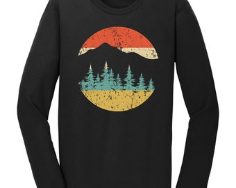 Men's Camping Shirt - Retro Mountains and Trees Long Seeve T-Shirt - Outdoors Nature Lover Shirt