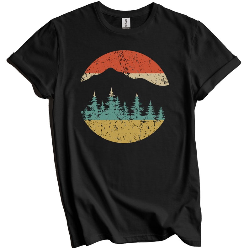 Camping Shirt Retro Mountains and Trees T-Shirt Outdoors Nature Lover Gift Black