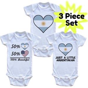 Argentinian American Heart Flag Baby Bodysuit Bundle (3 Piece Set) - Argentina Baby Shower Gift Set