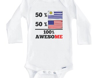 50 Percent Uruguayan 50 Percent American 100% Awesome Funny Uruguay Flag One Piece Baby Bodysuit (Long Sleeve)