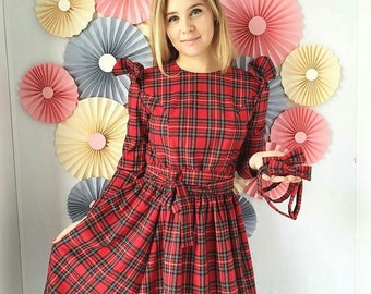 Tartan nursing dress Plaid breastfeeding dress casual flared dress with  long sleeves party dress every day dress checkered dress