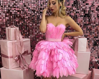 Vestido de fiesta de plumas rosa caliente, vestido de tutú de fiesta rosa, vestido de sesión de fotos de compromiso, vestido de novia alternativo, vestido de recepción rosa