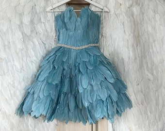 Robe de bal à plumes bleues, robe d’invité de mariage, robe de réception, robe Tutu à plumes de fête