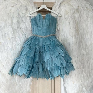Blue Feather Prom Dress, wedding guest dress, reception Dress, Party Feather Tutu Dress
