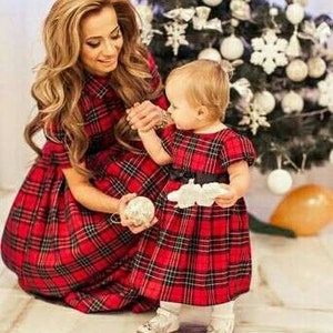 Red plaid Christmas matching mommy and me dresses