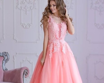 Vestido de fiesta de melocotón - Vestido de encaje Midi tutu - Vestido de graduación- Vestido de dama de honor - Vestido de fiesta de cóctel - Vestido de compromiso de tul