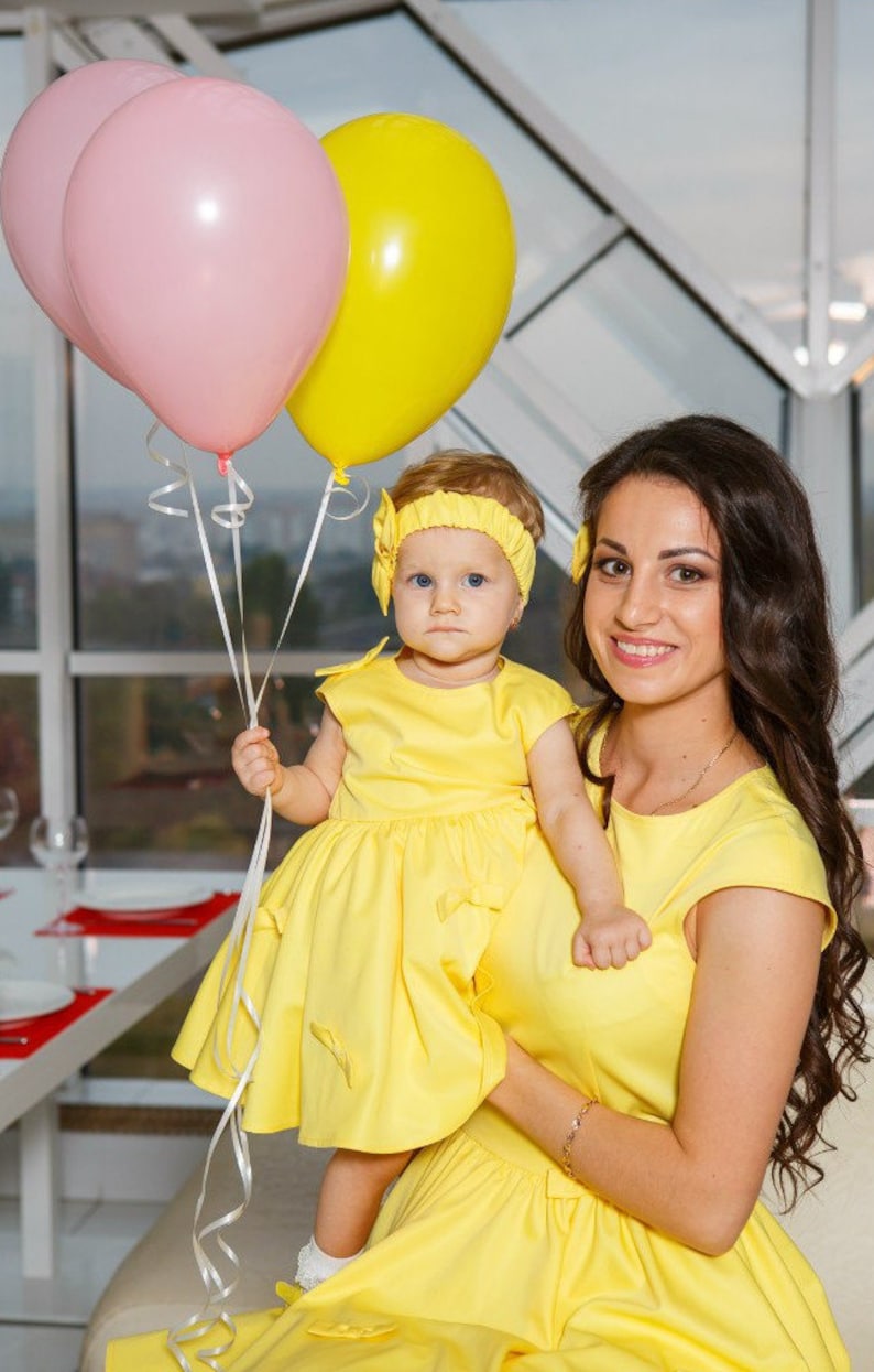 Mother Daughter matching dress Mommy and me cotton yellow dress Mom Daughter matching midi dress Sleeveless bell dress image 2