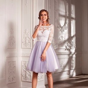 White lace and tulle A-line tutu half sleeve formal dress