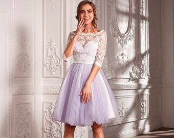 White lace and tulle A-line tutu half sleeve formal dress