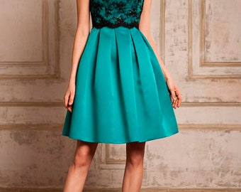 Turquoise and black fit and flare lace dress for party