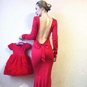 Mother daughter matching deep V open back long dress, Mommy and Me flower lace dresses Red dress Mermaid Matching outfits Matching dresses